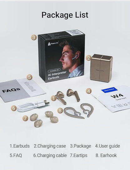 Timekettle W4 Translation Earbuds,for Global Business & Relationships,Bone-Voiceprint Sensor for Clear Voice in Noise, AI Auto-Correction,Protected Privacy with GDPR,Instant Setup via iOS/Android APP