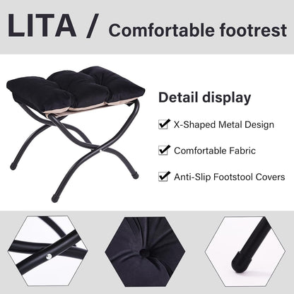 LITA Folding Upholstered Footrest Stool, Modern Small Portable Accent Ottoman with Detachable Thick Cotton Cushion Padded Sofa Stool with Metal Frame for Lazy Chair, Living Room & Bedroom, Black