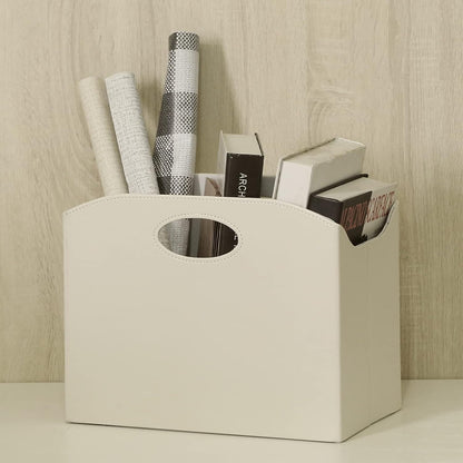 EZDeco Magazine Holder Foldable Magazine Rack Floor PU Leather File Holder Newspaper Book Storage Basket Document File Folder Organizer for Office Home (Off-white-2)