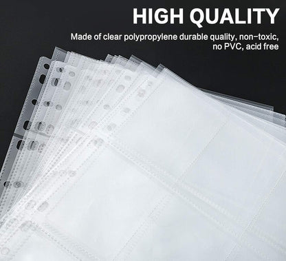 Trading Card Sleeve Pages, PANDRI 100 Pack 9 Pocket Trading Card Storage Album Pages 11 Holes Fit 3 Ring Binder