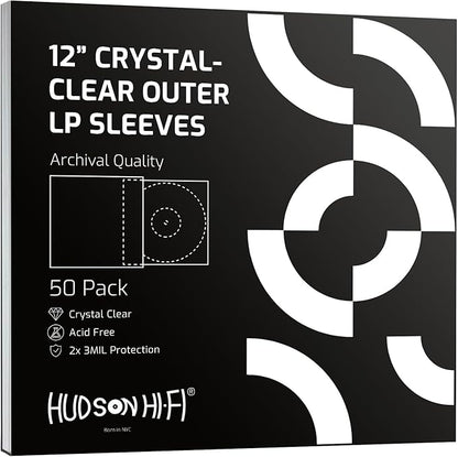 New - Hudson Hi-Fi Vinyl Record Outer Sleeve Covers - 50 Pack - Premium Crystal Clear Sleeves - Protect Your LP Albums from Scratches, Dirt & Dust - 3 Layers of 30µm Thick No-Acid Exterior Disc Cover