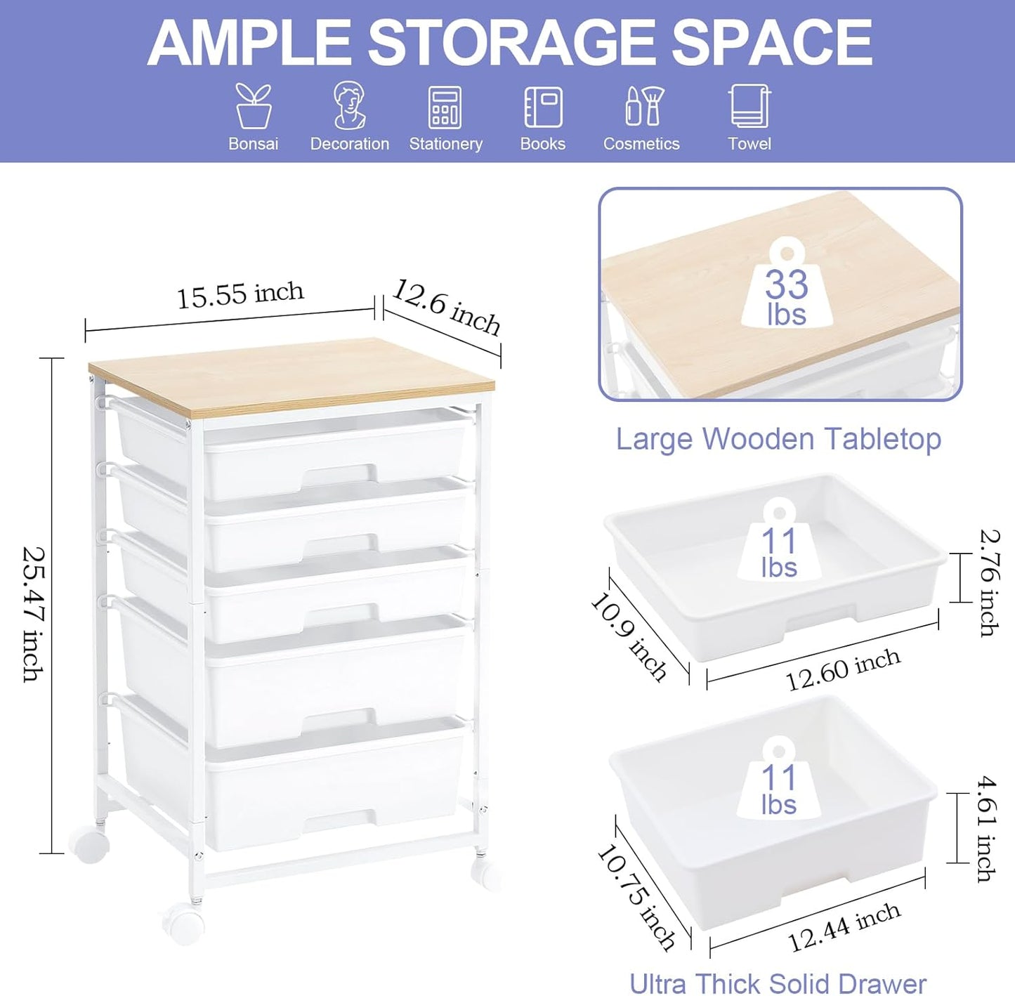 Utility Cart with 5 Drawers,Storage Drawer Cart with Wooden Tabletop and Lockable Wheels,Craft Storage Trolley Cart,5-Tier Rolling Utility Cart on Wheels,Bright White