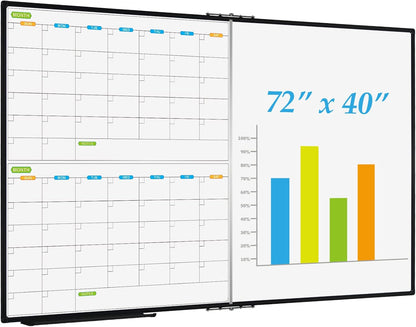 JILoffice Magnetic Foldable Dry Erase Calendar Whiteboard Combo, 2 Month Calendar Board & White Board 72 X 40 Inch, Black Aluminum Frame Wall Mounted Board for Office Home and School