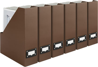 BLU MONACO Set of 6 Foldable Brown Magazine File Holders with Brown Leather Label Holders – Elegant Magazine Storage Containers & Desk Organizer for Office