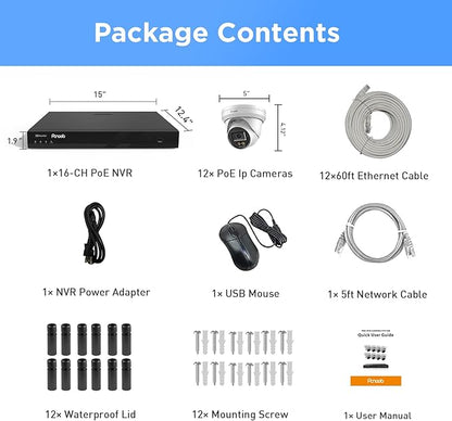 16 Channel Security Camera System 4K, 12x 8MP Wired IP Dome PoE Camera, Spotlight Color Night Vision, Human Vehicle Detection, Built-in Mic, Remote Access, 4K 16CH NVR 4TB HDD, PD93BA1216-8MD