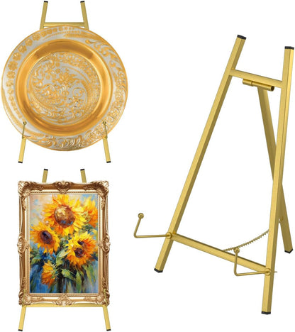 16" Large Metal Table Top Easel Gold Tabletop Easel Picture Stand Mirror Table Top Easels for Display Photo Frame Heavy Duty Plate Art Display Stand for Sign Tabletop Wedding Frame Stands with Tray