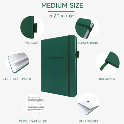 Password Book with Alphabetical Tabs – Hardcover Internet Address & Password Organizer – Password Keeper Notebook for Computer & Website – 5.2 x 7.6" Log-in Password Journal w/ Thick Paper (Earth Green)