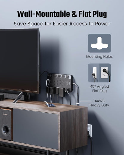 SUPERDANNY Power Strip Surge Protector with 15ft Extension Cord - 22 Outlets, 6 USB Ports, 45W Fast Charging - 1875W/15A, 2100J, 45°Plug, Mountable - Ideal for Home, Office, Gaming, PC, Streaming