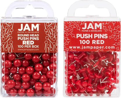 JAM PAPER Colorful Push Pins - Flat & Round Head Thumb Tack Combo Set - Red Pushpins - 200/Pack