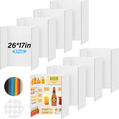 8 Pcs Trifold Poster Board, 26x17 inches White Poster Board Comes With Sticky Accessories, Corrugated Presentation Boards, Display Board for School Projects, Business Presentations, 8 Count