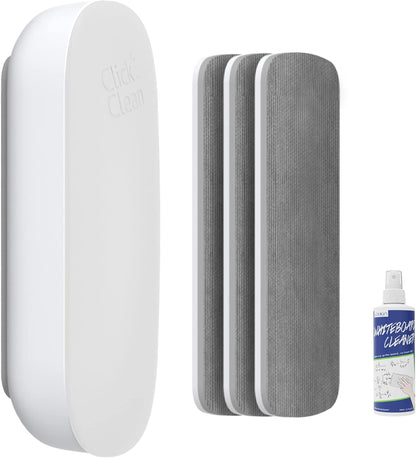CLICK CLEAN Replaceable Dry Erase Board Eraser, 4-in-1 Magnetic Whiteboard Eraser with 3 Replaceable Felt Pads, Free 3.4oz Whiteboard Cleaner Included, Intended for Classroom, Home and Office