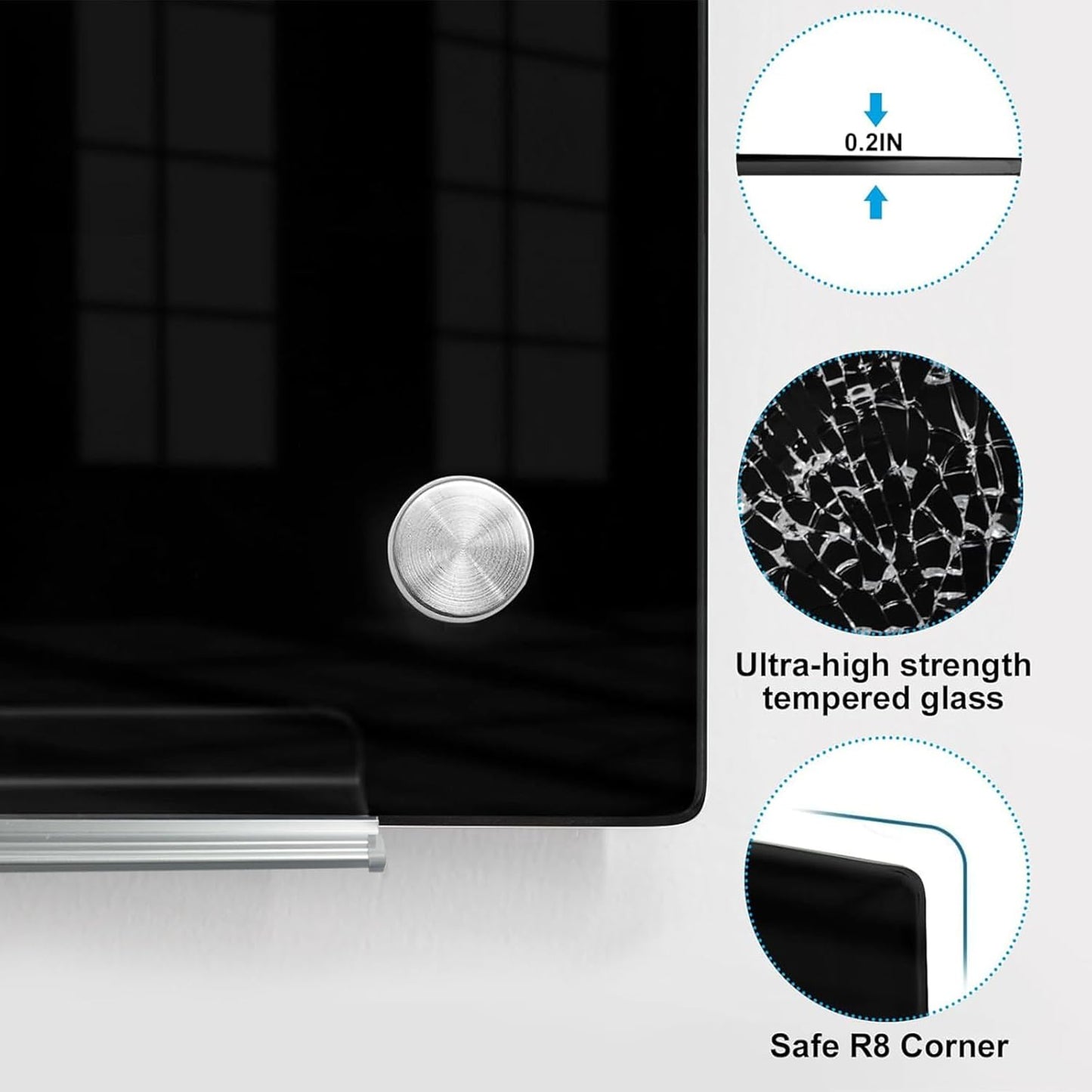 KIZZBY Black Glass Dry Erase Board - Magnetic Blackboard for Wall, 48"x36" Large Frameless Black Whiteboard for Office, Home & School