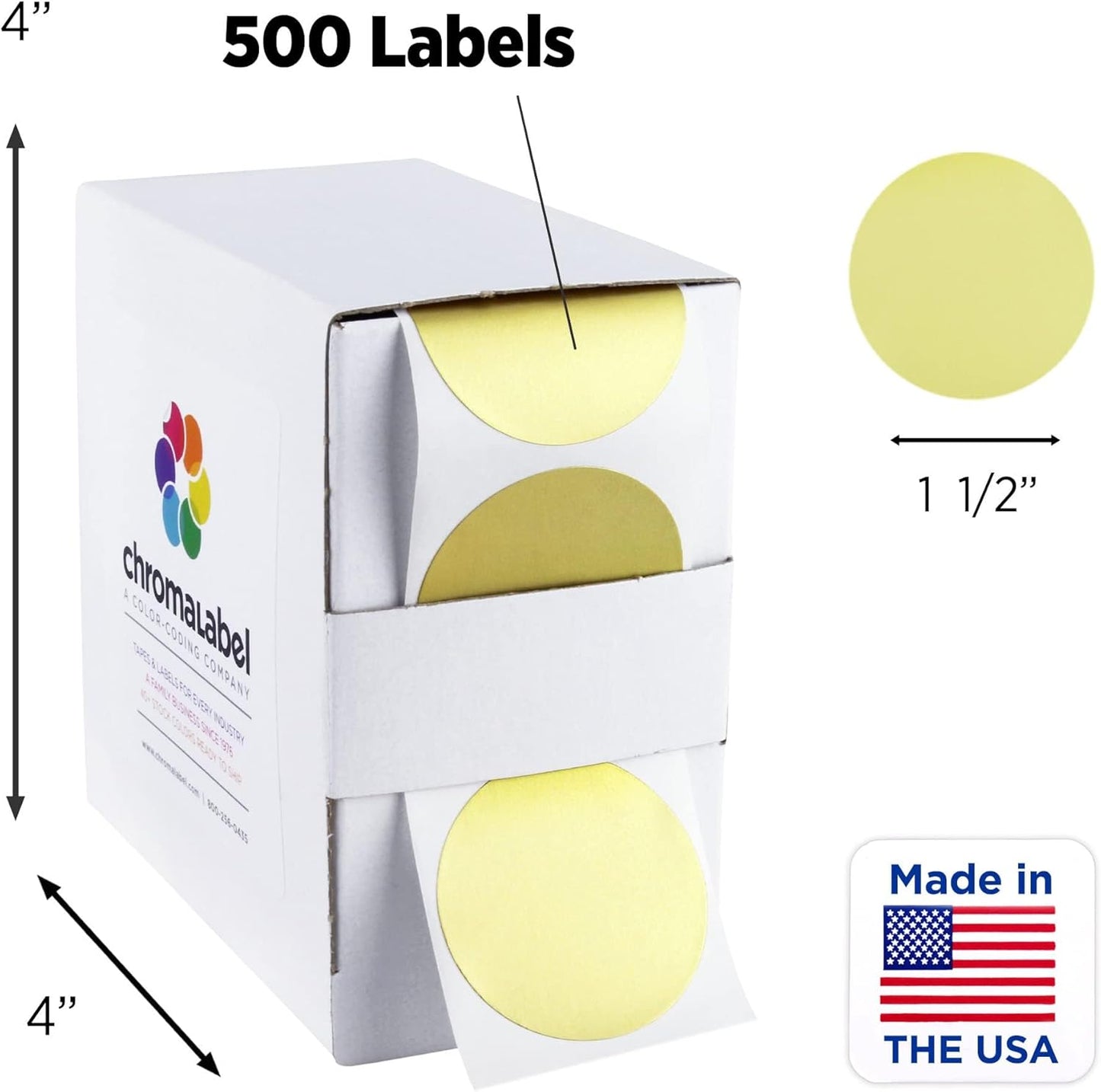 ChromaLabel 1.50 Inch Round Label Permanent Color Code Dot Stickers, 500 Labels per Dispenser Box, Gold