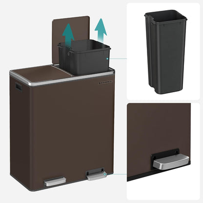 SONGMICS Trash Can, 2 x 8 Gallon (2 x 30 L) Garbage Can for Kitchen, with 15 Trash Bags, 2 Compartments, Plastic Inner Buckets and Hinged Lids, Airtight, Brown ULTB60BR