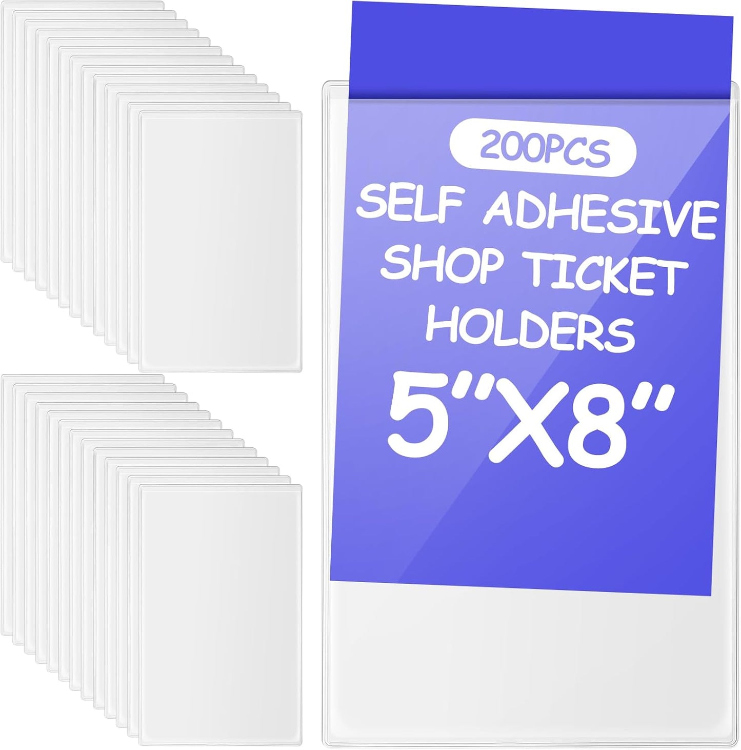 Outus Self Adhesive Shop Ticket Holders Clear Plastic Sleeves Adhesive Pockets Work Order Job Ticket Holders for Home Office Posting Signs(5 x 8 Inch,200 Pcs)