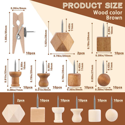 114 Pcs Wood Push Pins, 2 Colors and 7 Types Decorative Thumb Tacks Wooden Head Pin Map Tacks Marking Pin, Wood Thumb Tacks Decorative for Bulletin Boards Craft Projects with Storage Box