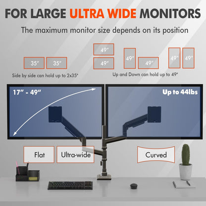 Dual Monitor Arm for 17-49 Inch Ultrawide Screens – Heavy Duty Monitor Arm Desk Mount – VESA Mount with Clamp and Grommet Base – Holds Up to 44 lbs. Each