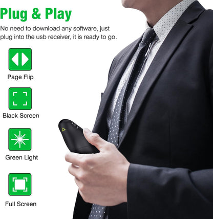 DinoFire Green Presentation Clicker Wireless Presenter Remote, RF 2.4GZ Rechargeable USB Slide Clicker for Powerpoint Presentation Computer Laptop