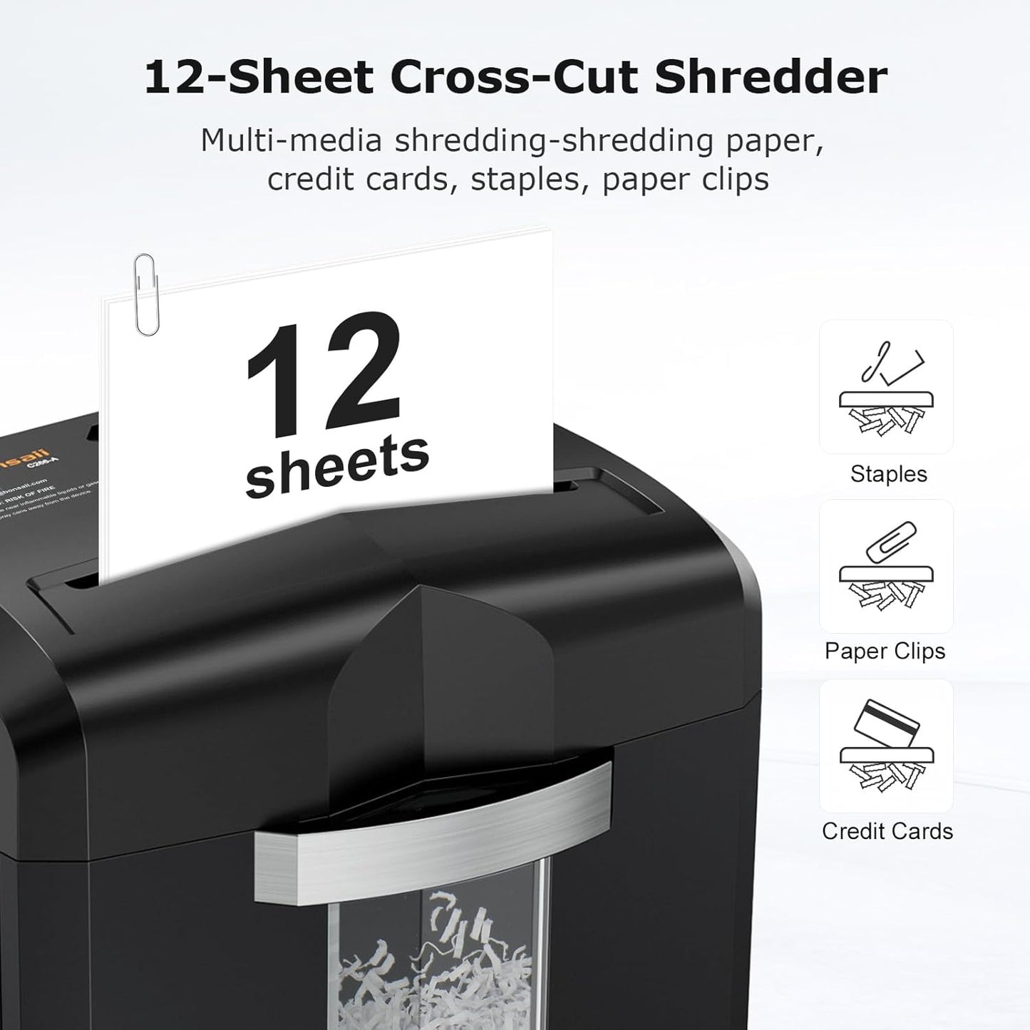 Bonsaii Paper Shredder, 12 Sheet Cross Cut Shredders for Home Office Heavy Duty, 20-Minutes Running Time with 4.2 Gal Pullout Bin for Credit Card Jam-Proof Shredding Machine (C266-A New)