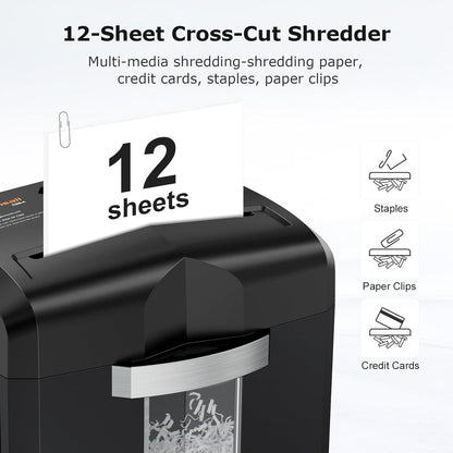 Bonsaii Paper Shredder, 12 Sheet Cross Cut Shredders for Home Office Heavy Duty, 20-Minutes Running Time with 4.2 Gal Pullout Bin for Credit Card Jam-Proof Shredding Machine (C266-A New)