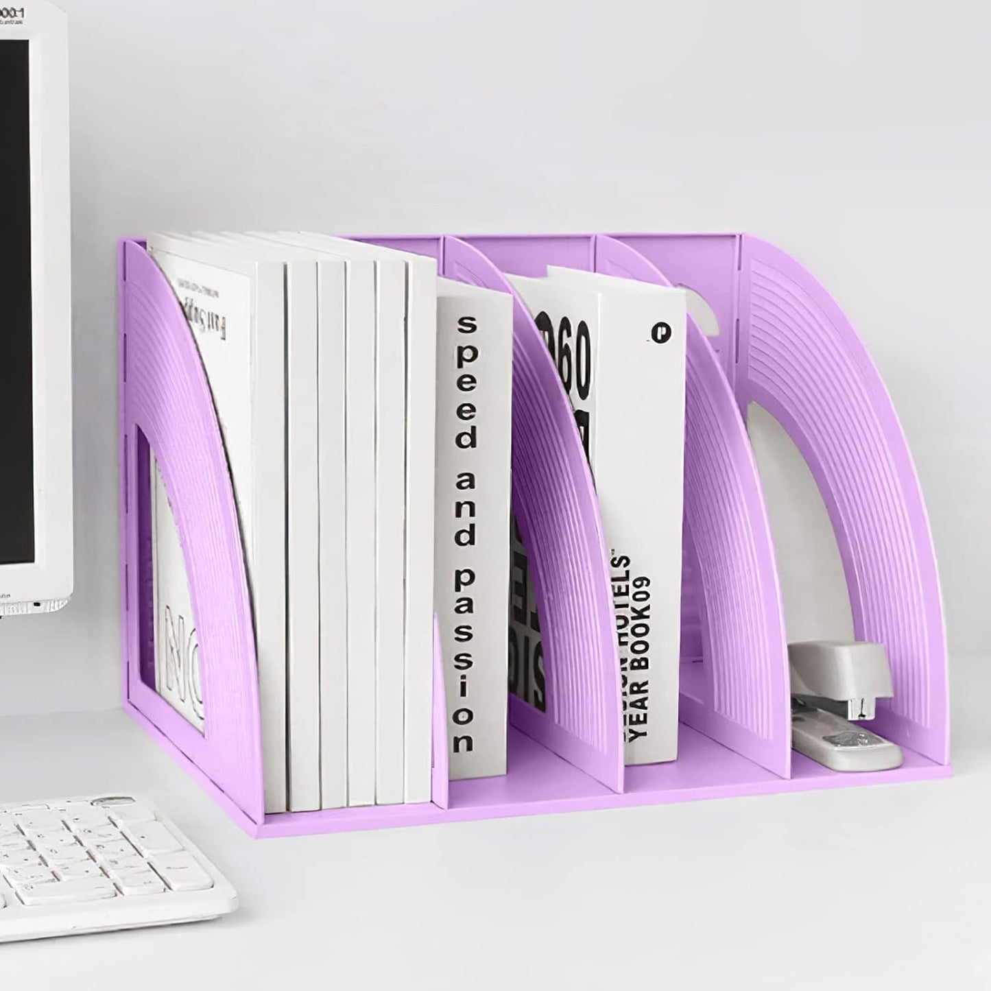 SAYEEC Magazine File Holder Folder Storage Desktop 4 Compartment Standing Hollow Purple Files Bookshelf Organizer Box Office Racks Displays Holds Notebooks Documents for School Working Students