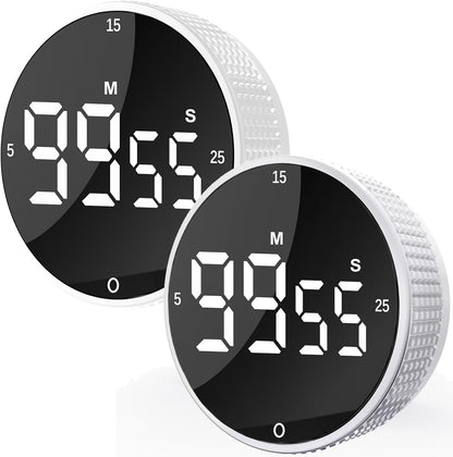 Upgrade Digital Kitchen Timer - 2 Pack Magnetic Countdown Countup Visual Pomodoro Timer with Large LED Display, 3-Preset Times, 3 Volume Levels, Ideal for Cooking, Baking and Fitness (2, White)