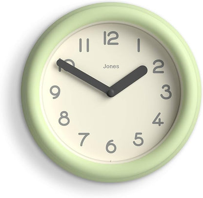JONES CLOCKS® Fuze Wall Clock | Small Round Clock | Matcha Green | Playful Modern Design with Soft sculptural Presence | Ideal for Kitchens Living Rooms Kid's bedrooms