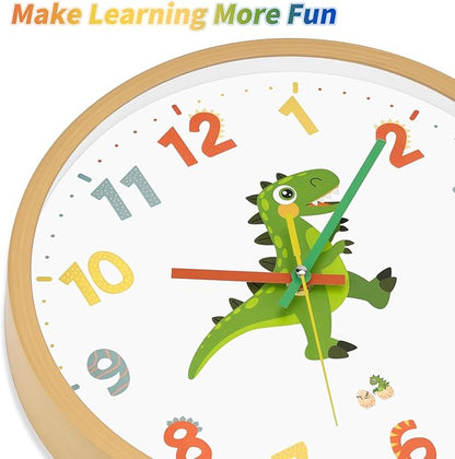 Dinosaur Wall Clock for Kids Bedrooms 12 Inch Silent Non-Ticking Battery Operated Analog Clocks Kids Wall Clock for Classrooms, Kids Bedrooms, Playrooms and Nursery for Toddler Children