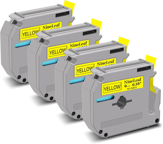 NineLeaf 4 Pack Compatible for Brother P-Touch M Label Tape MK621 M-K621 M621 Black on Yellow 3/8" (9mm) x 26.2ft (8m) Labeling Refill Cartridge Work in PT-45M PT-65 PT-70 PT-80 PT-M95 Label Maker