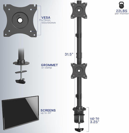 VIVO Dual Monitor Desk Mount Stand with Height Adjustment and VESA Plates for 2 LCD Ultrawide Screens up to 34 inches, Stacked Array, STAND-V002R