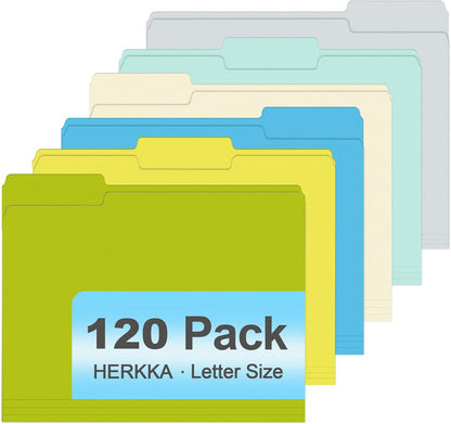 File Folder, HERKKA 120 Pack 1/3 Cut Tab File Folders, Letter Size, Assorted 6 Colors, Colored File Folders Great for Organizing and Filing