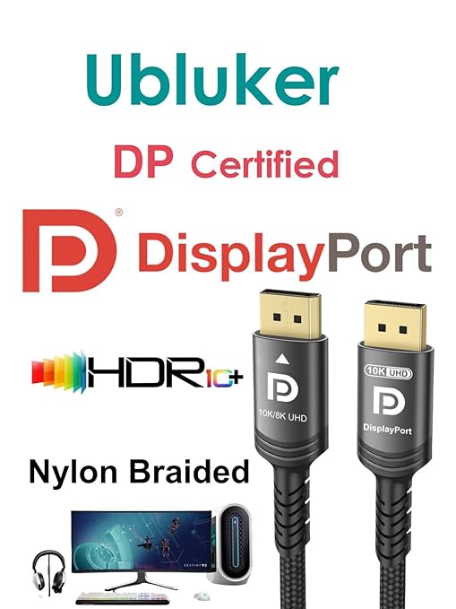 10K 8K DisplayPort 2.1 Cable 54Gbps 6.6 FT, Certified DP to DP Cord 4K 240Hz 165Hz 144Hz 120Hz 10K 8K 120Hz Nylon Braided UHBR HDCP2.3 FreeSync G-Sync RTX5090 Gaming Monitor PC Projector
