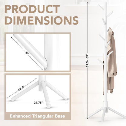 Wooden Tree Coat Rack Stand,Sturdy Freestanding Coat Rack with 8 Hooks,3 Adjustable Height for Child Adult,Wood Coat Stand Tree Fits Entryway Bedroom Office for Bags,Hats