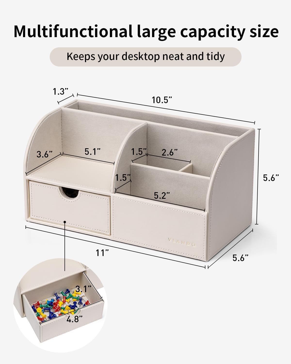 Vlando Office Desk Organizer Leather Desktop Organizer Caddy with Drawer for Storing Desktop Supplies and Accessories (White)