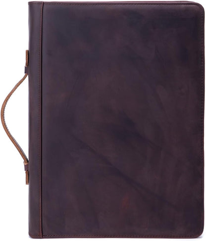 Genuine Leather Portfolio 3 Ring Binder with Clipboard, Hidden Handle, 8.5 x 11 Zippered Padfolio, Business Organizer Professional Executive Folio for Men and Women, Dark Brown
