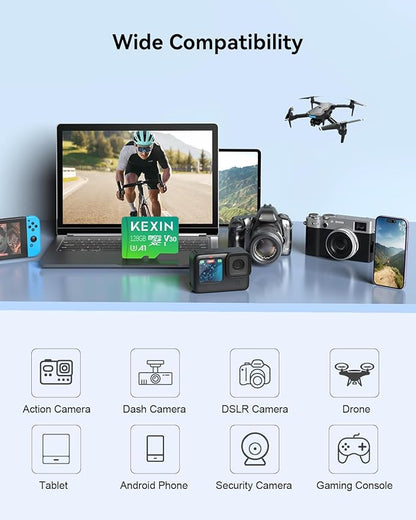 KEXIN 128GB Micro SD Card with Adapter - Up to 90MB/s 4K, V30, A1, C10, 4K UHD High Speed microSDXC UHS-I Memory Card Compatible with Action Camera Drone Game Console Smartphone Tablet,128G,Single