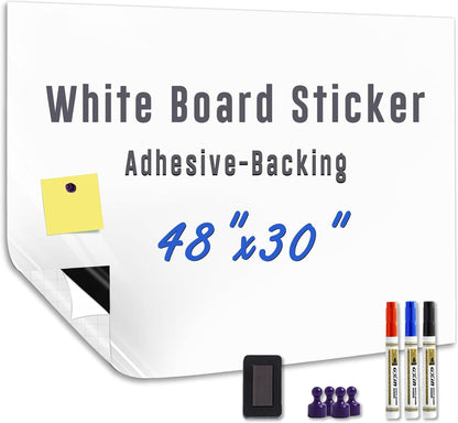 Magnetic Whiteboard Sticker Dry Erase Board for Wall - Adhesive Backing 48" x 30" Whiteboard for Classroom Office Home