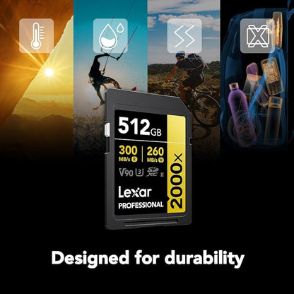 Lexar 512GB Professional 2000x SDXC Memory Card, UHS-II, C10, U3, V90, Full-HD & 8K Video, Up to 300MB/s Read, for DSLR, Cinema-Quality Video Cameras (LSD2000512G-RNNNU)