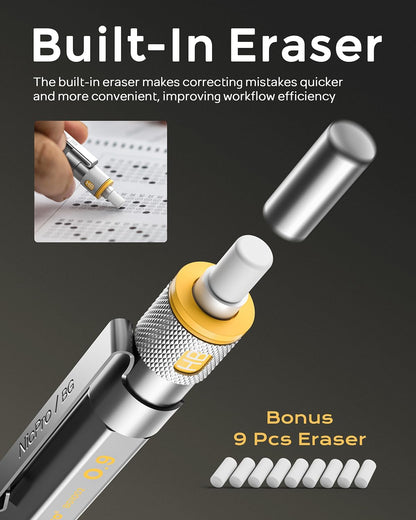 Nicpro Blocky Gear 0.9 mm Mechanical Pencils Set in Case, Metal Pencil with 0.9mm HB Lead Refills, Eraser for Professional & Adult Art Writing Drafting Drawing