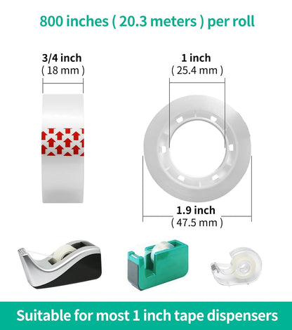 48 Rolls Transparent Tape Refills, Clear Tape Dispenser Refill Rolls, Glossy Gift Wrap Tapes for Office, School, Home, 3/4 x 800 Inches