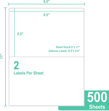 L LIKED Half Sheet Shipping Labels 2 per Sheet, 500 Sheets Printable 8.5" x 5.5" Sticker for Laser & Inkjet Printers Labels (1000 Labels)