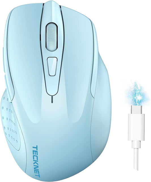 TECKNET Wireless Mouse (BT5.0/3.0 & 2.4G) Rechargeable 4800 DPI Silent USB A & Bluetooth Mouse 6 Buttons, Wide Compatibility - Lightblue