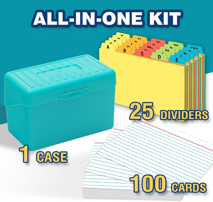 H4D 4x6 Index Card Holder with 100 Heavyweight Ruled Index Cards and 25 Plastic Dividers, Teal
