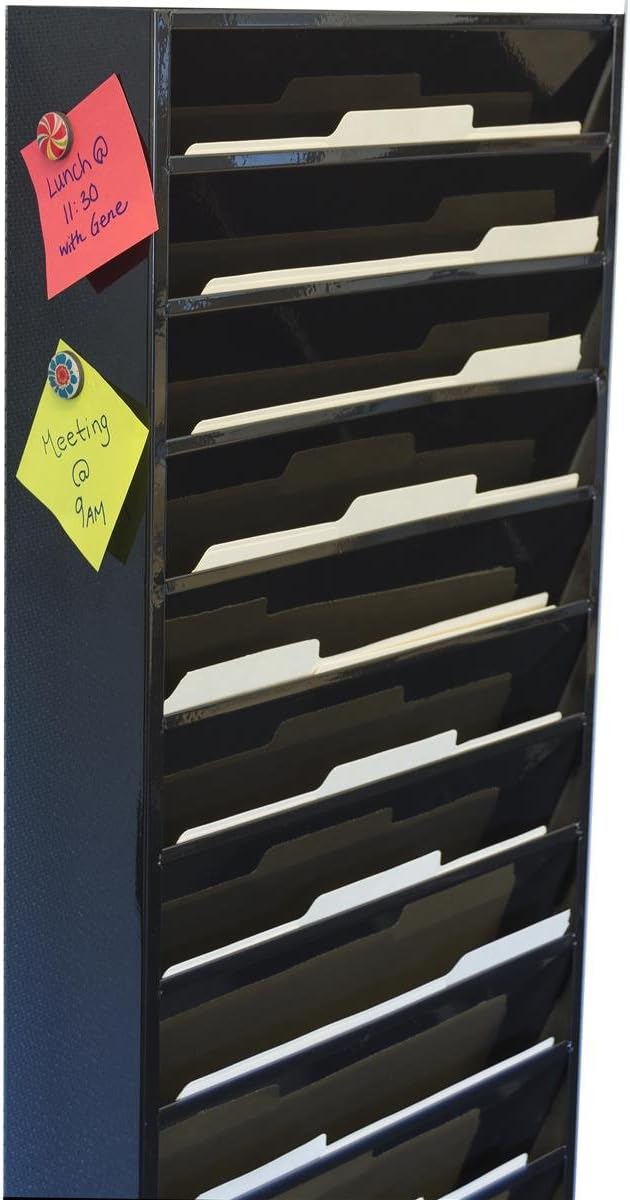 Displays2go File Folder Wall Rack with 11 Tiered Pockets, Shows Only The Top Portion of a File Folder, Office Filing Rack for Wall Mount - Black Powder-Coated Steel