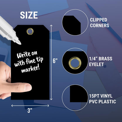Tags 4 Less 15 Mil Waterproof Plastic Tags, Pack of 100 – 3” x 6” Heavy Duty Plastic Tags for Labeling, Outdoor Tagging, Equipment Labeling, Luggage, Valves & More (Black)