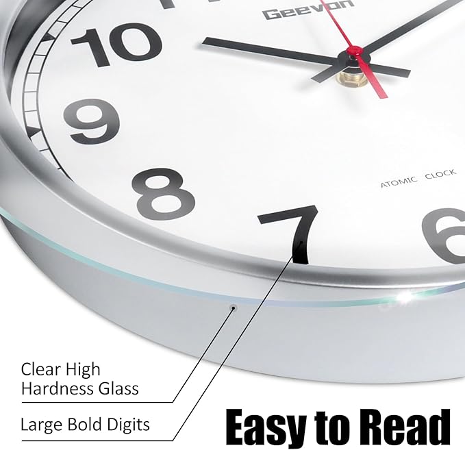 Geevon Atomic Wall Clock 14 Inch, Atomic Analog Wall Clocks Battery Operated, Large Digits Automatic Clock for Kitchen/School/Classroom/Bedroom/Living Room (Silver Frame)