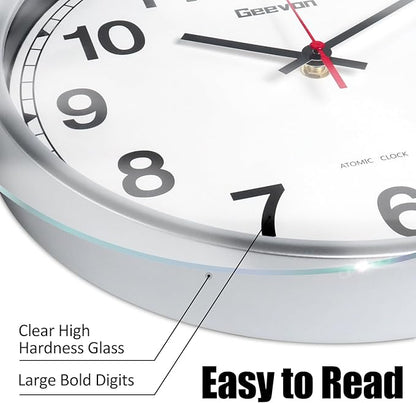 Geevon Atomic Wall Clock 14 Inch, Atomic Analog Wall Clocks Battery Operated, Large Digits Automatic Clock for Kitchen/School/Classroom/Bedroom/Living Room (Silver Frame)