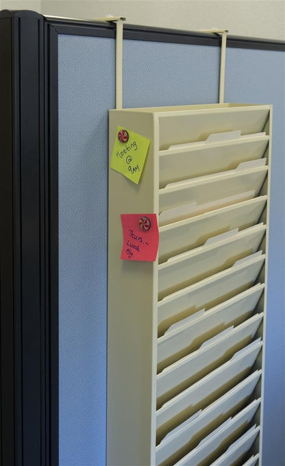 Durham Displays2go Hanging File Folder Rack with 11 Tiered Pockets, Wall Mount Office Organizer - Tan Powder-Coated Steel