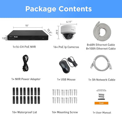 PoE 4K 16 Channel Security Camera System, 16x 8MP IK10 Vandal Dome Cameras with Human/Vehicle Detection, Built-in Mic, 24/7 Remote Access, 4TB HDD NVR, PD54A1616-8M-1