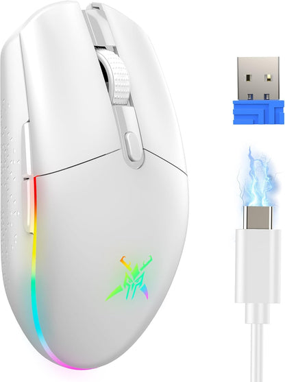 TECKNET Wireless Gaming Mouse - 8000 DPI, RGB Backlit, 6 Programmable Buttons, 100Hrs Battery Life, Dual Mode [2.4G & USB-C] for Laptop,PC,Mac - White